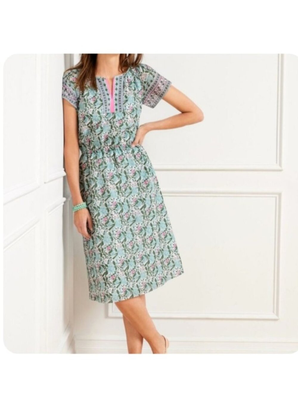 Talbots Floral Fit & Flare Short Sleeve Midi Dress Sz 8 Green Pink Garden Party